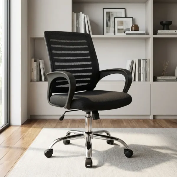 Ergonomic Mesh Office Chair in a modern home office featuring a breathable black striped backrest, integrated armrests, and a polished five-star chrome rolling base.
