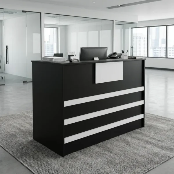 1.2m Modern Reception Desk in two-tone black and white finish with horizontal stripe accents set in a modern office lobby