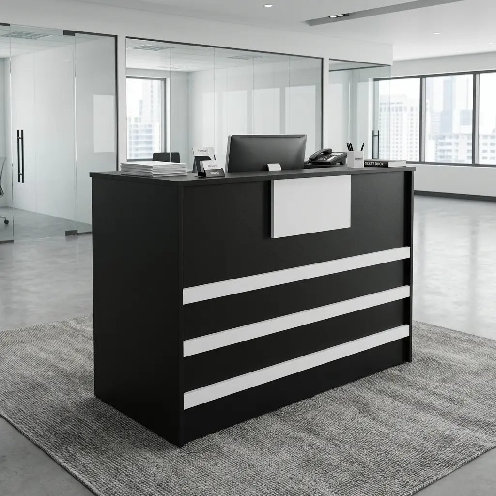 1.2m Modern Reception Desk in two-tone black and white finish with horizontal stripe accents set in a modern office lobby