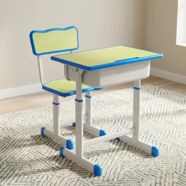 Kids Study Desk Set with green tabletop, blue trim, white legs, built-in storage box, and matching chair
