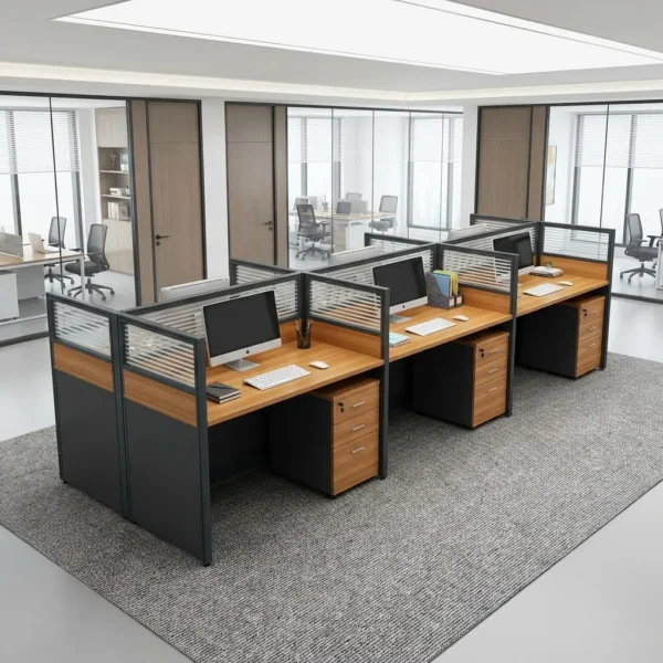 Modern open-plan corporate workspace featuring a 6-Person Office Workstation cluster with dual-tone wood desktops, striped frosted glass partitions, and black ergonomic mesh chairs.