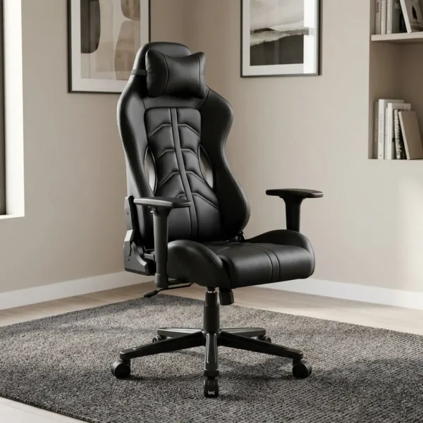 Ergonomic Leather Gaming Chair in black leather-look upholstery with headrest pillow, racing backrest, and 5-star swivel base
