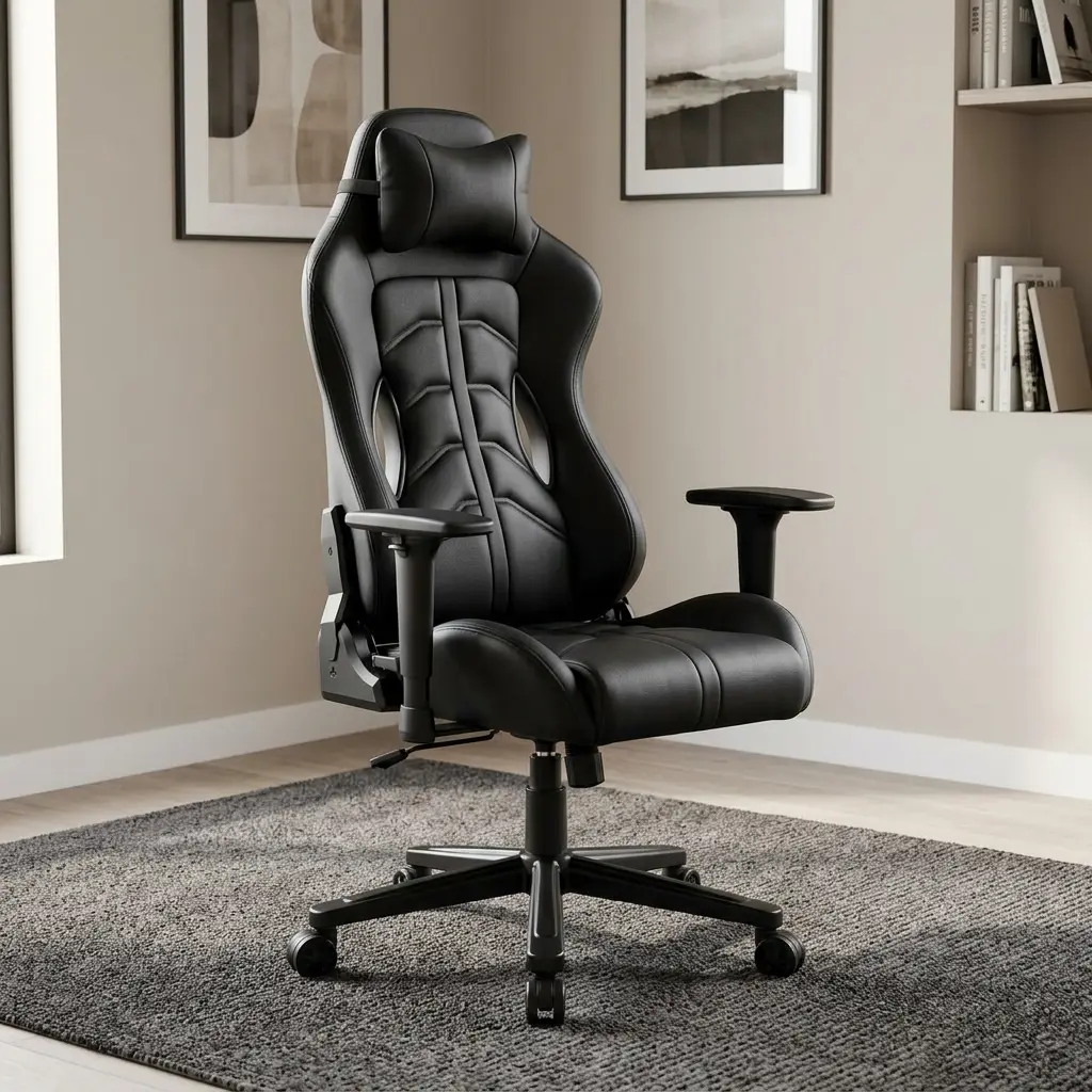 Ergonomic Leather Gaming Chair in black leather-look upholstery with headrest pillow, racing backrest, and 5-star swivel base