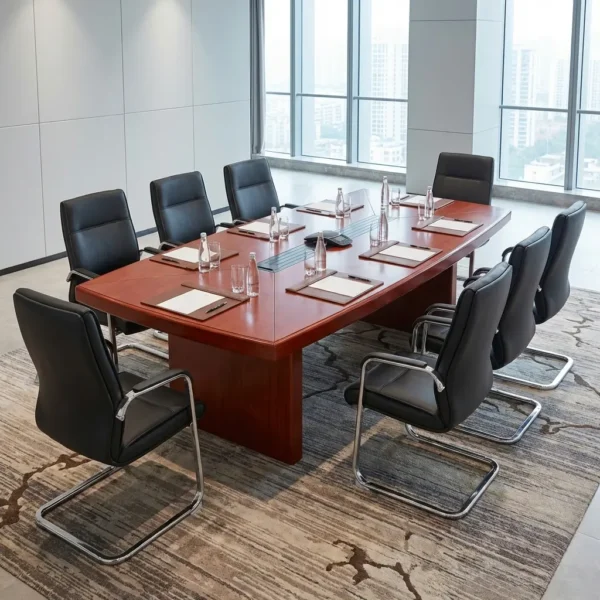 3.5m Mahogany Conference Table with rich wood-look finish, central cable channel, and panel legs set in a boardroom