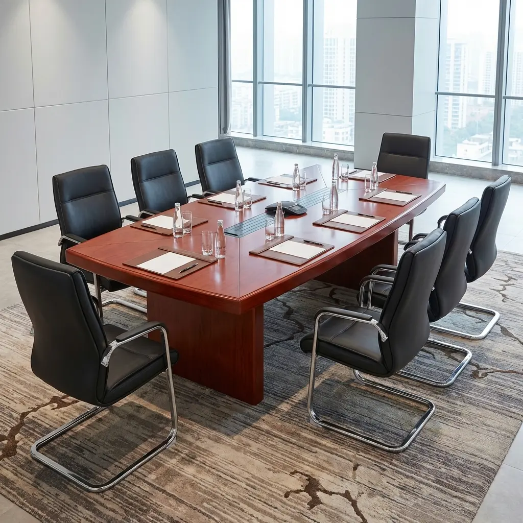 3.5m Mahogany Conference Table with rich wood-look finish, central cable channel, and panel legs set in a boardroom